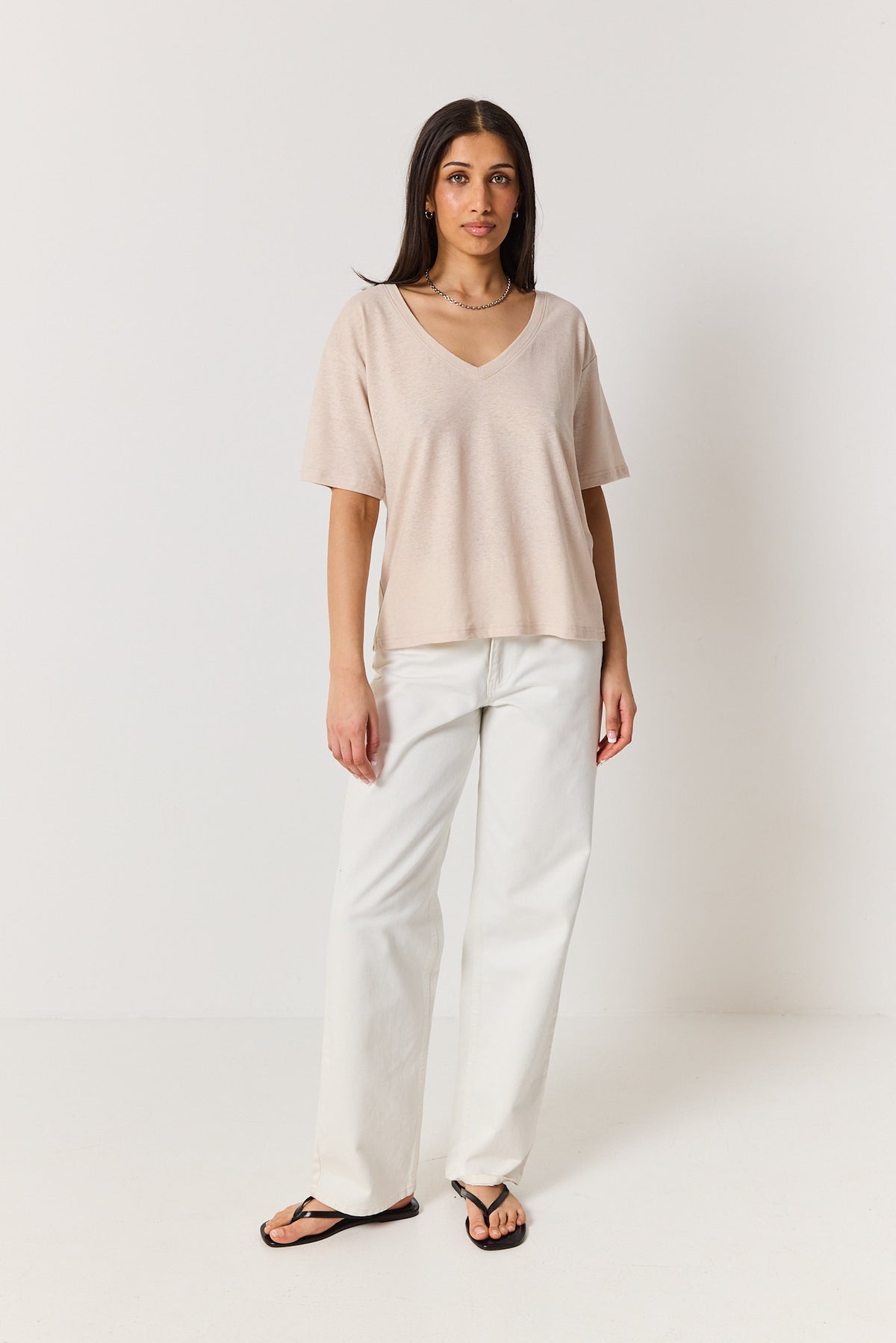 T-shirt V linen beige