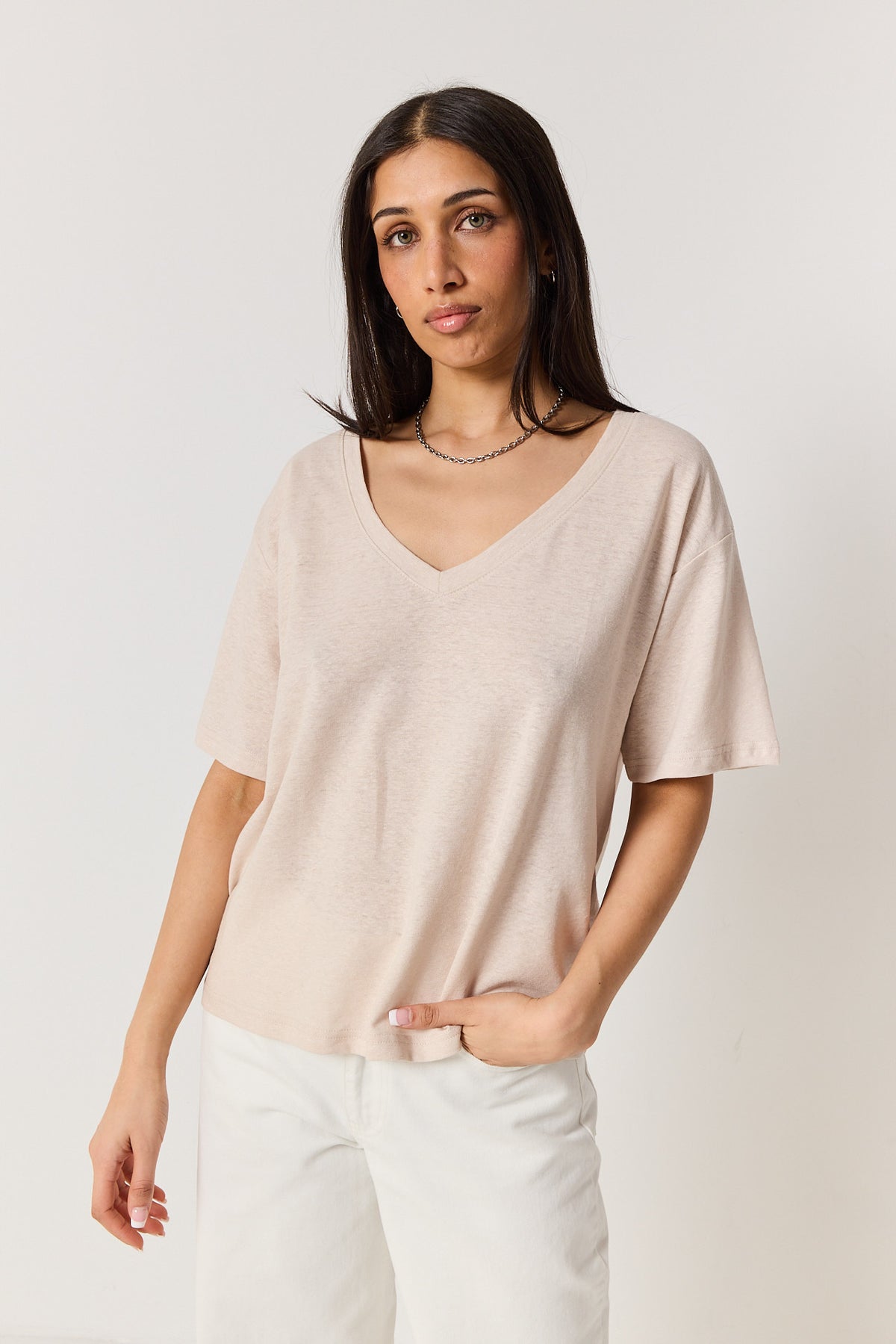 T-shirt V linen beige